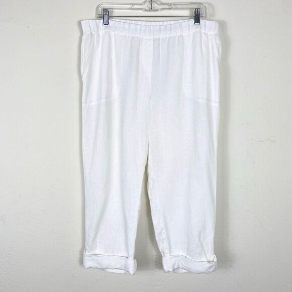J. Jill Purejill Linen White Roll Tab Rolled Hem Cropped Pants Size L Petite - Picture 2 of 7